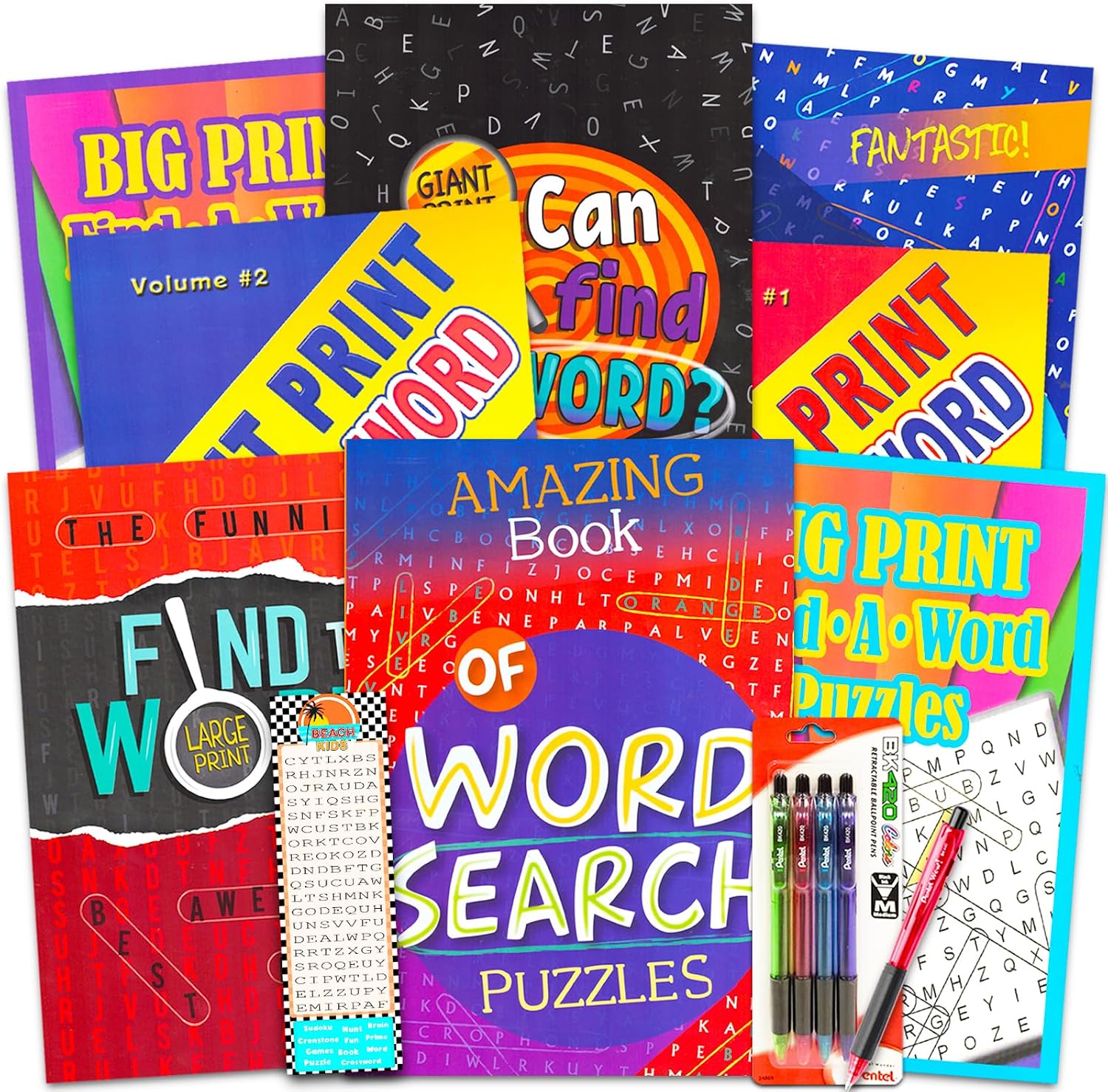 Crenstone Exclusive Bulk Large Print Word Find Books for Adults, Seniors - Bundle with 8 Jumbo Word Search Puzzle Books with Giant Print, 3 Pens, and Bookmark | Over 480 Word Search Puzzles by Word Search Books