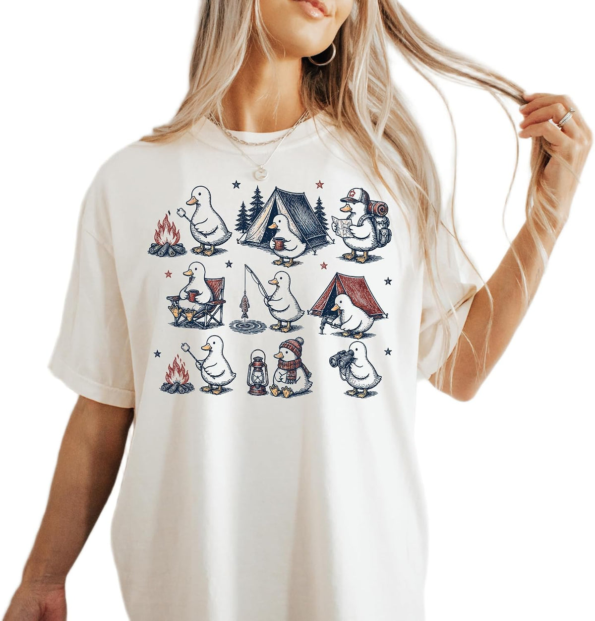 Cute Camping Duck Graphic T-Shirt Vintage Outdoor Adventure Campfire Hiking Unisex Casual Nature Tee