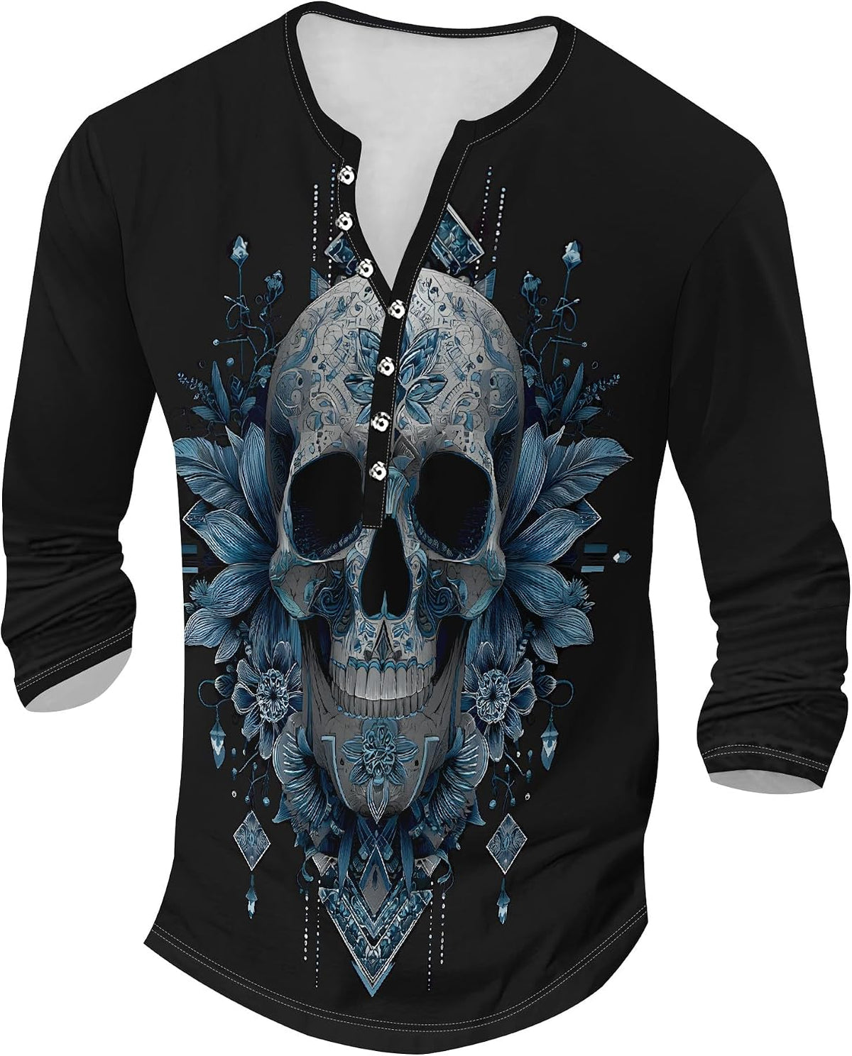 Skull Print Henley Shirts for Men Long Sleeve Button Top