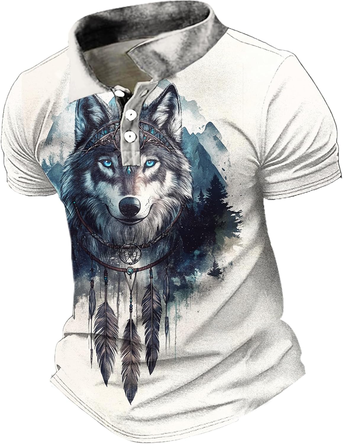 MARSVOVO Bowling Shirts for Men Cool Wolf Print Western T-Shirt Classic Short Sleeve Button Up Casual Golf Shirts