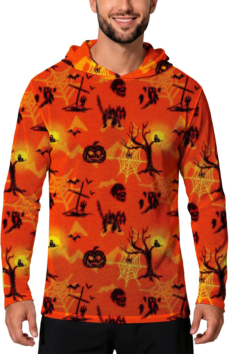 Mens Halloween Rash Guard Long Sleeve Hooded Shirts Sun Protection Fishing Hiking Hoodies