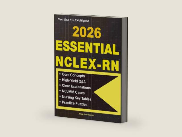Essential NCLEX-RN: Core Concepts, NCJMM Cases, High-Yield Q&A with Clear Explanations, Nursing Key Tables, and Practice Puzzles by Ricardo Alejandro