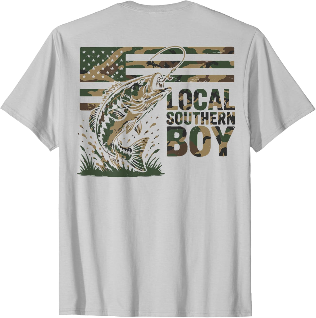 Youth Boy Local Camo Bass Fishing Camouflage American Flag T-Shirt