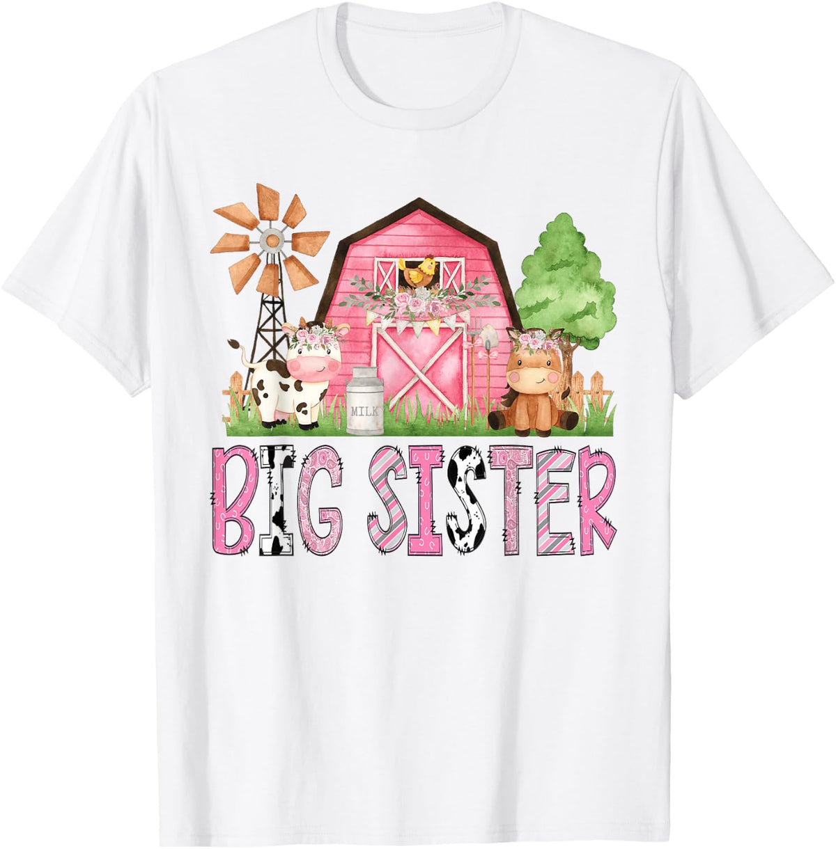 Big Sister Pink Farm Animal Birthday Kids Matching Family T-Shirt