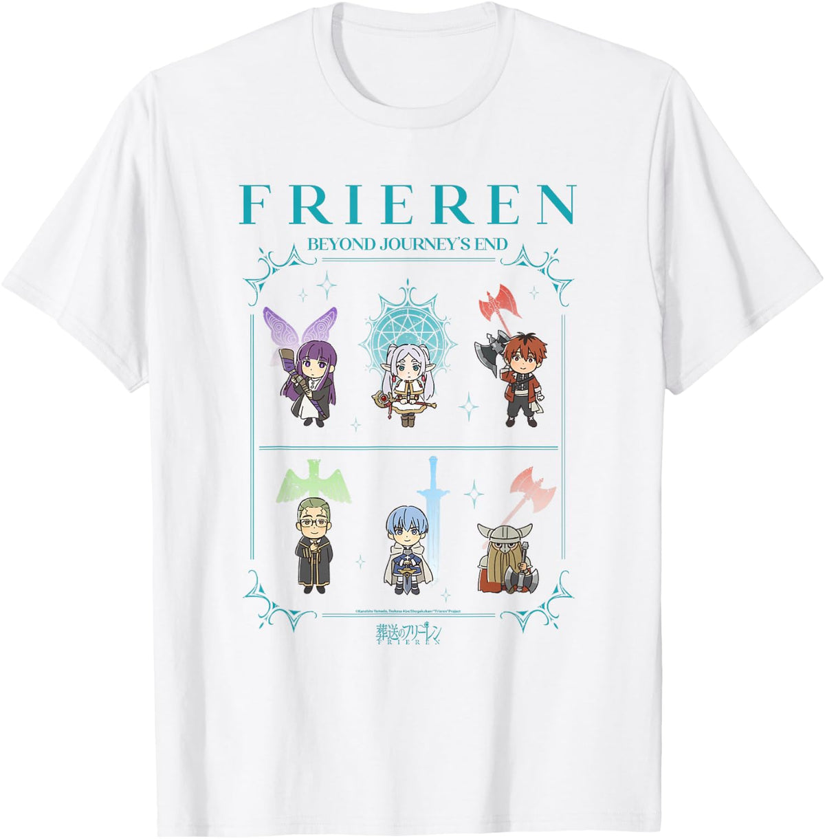 Frieren Chibi Character Chart with Ornate Frame Anime T-Shirt