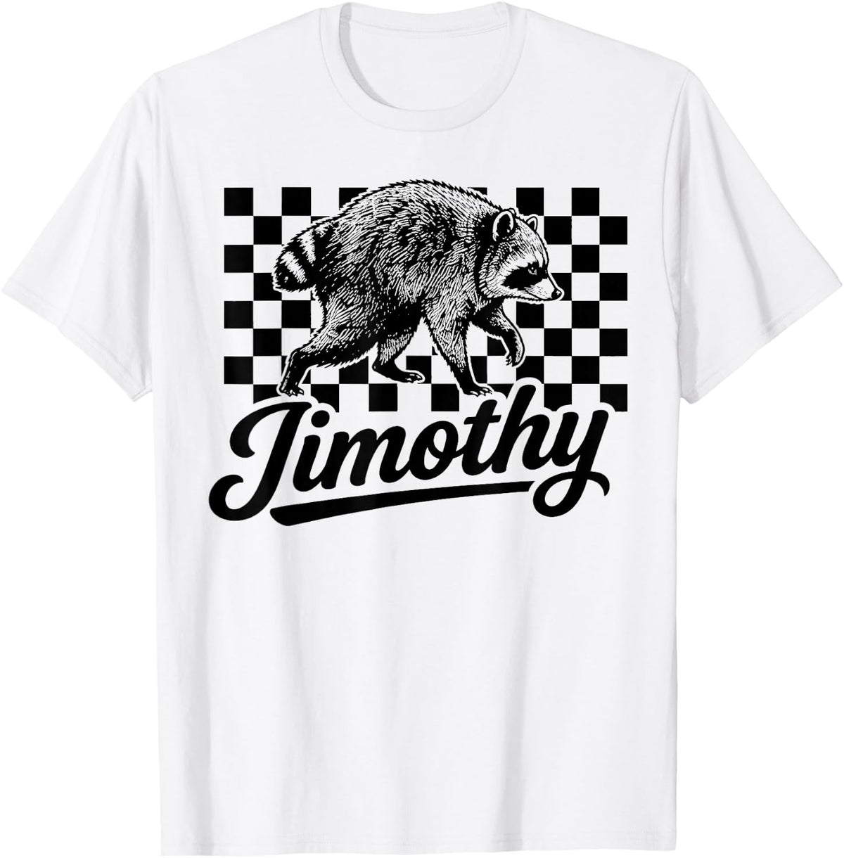 Jimothy Retro Checkerboard Raccoon Funny Viral Meme T-Shirt