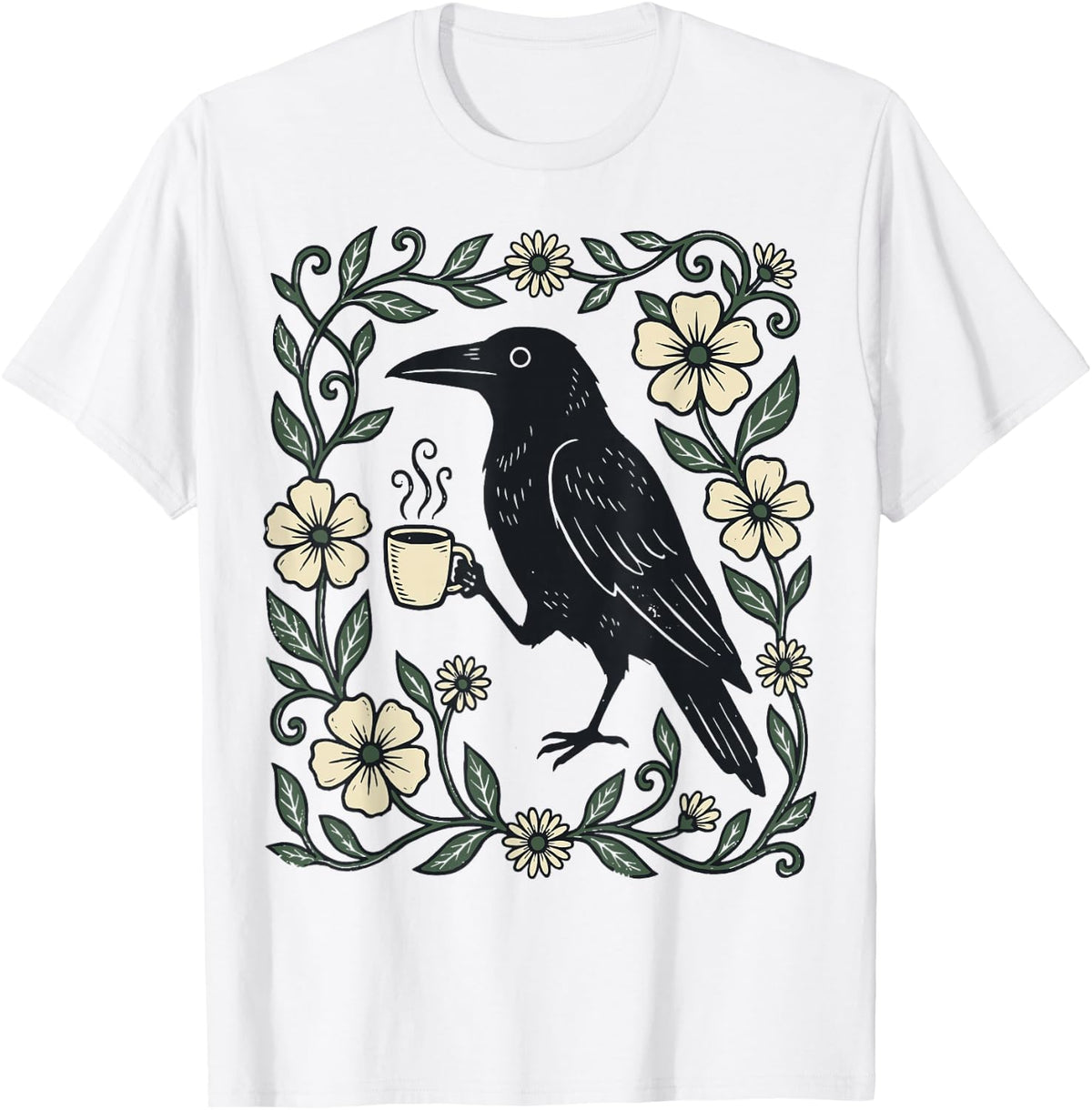 Raven Coffee Goth Flowers T-Shirt