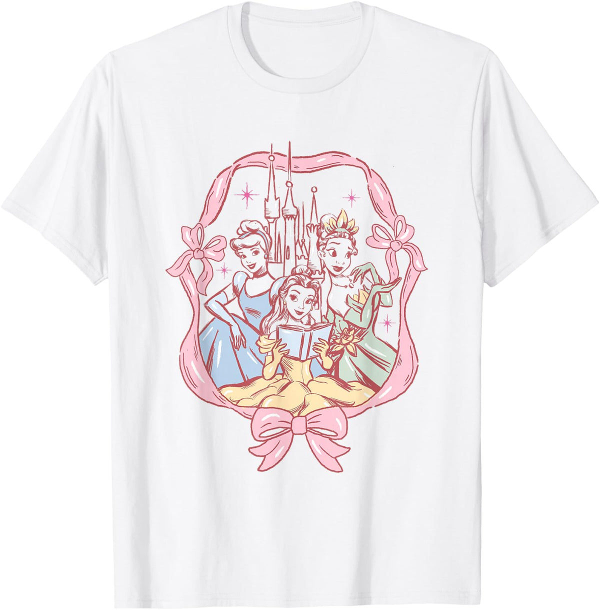 Disney Princess Cinderella Belle Tiana Pink Bow T-Shirt