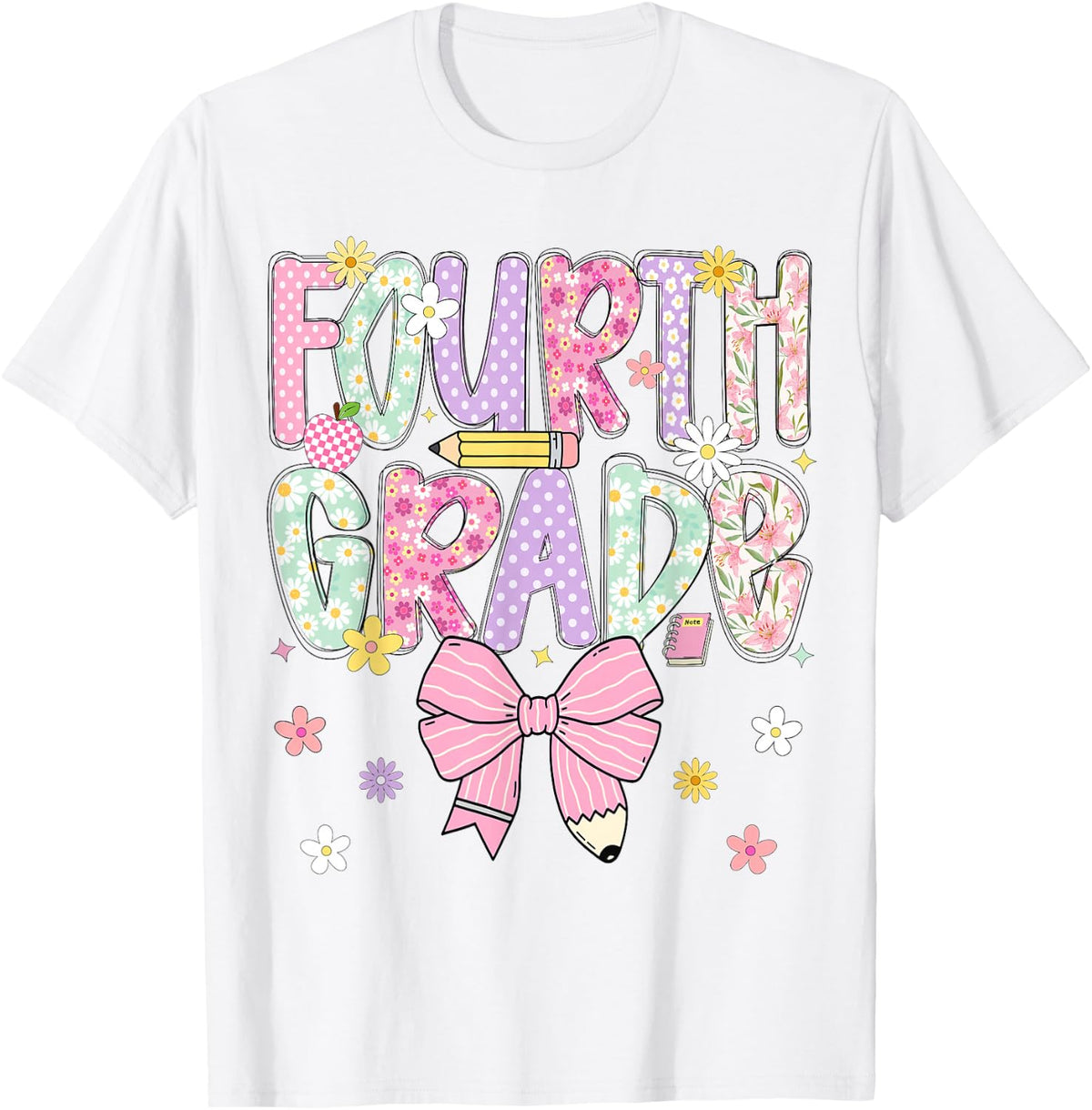 Fourth 4th Grade Teachers Girls Back to School Pencil Bow T-Shirt