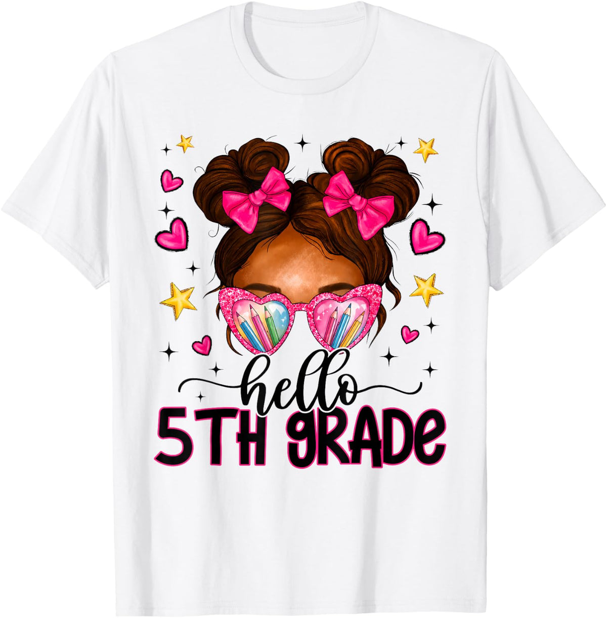 Back to School Hello 5th Grade Bow Messy Bun Glasses Girl T-Shirt