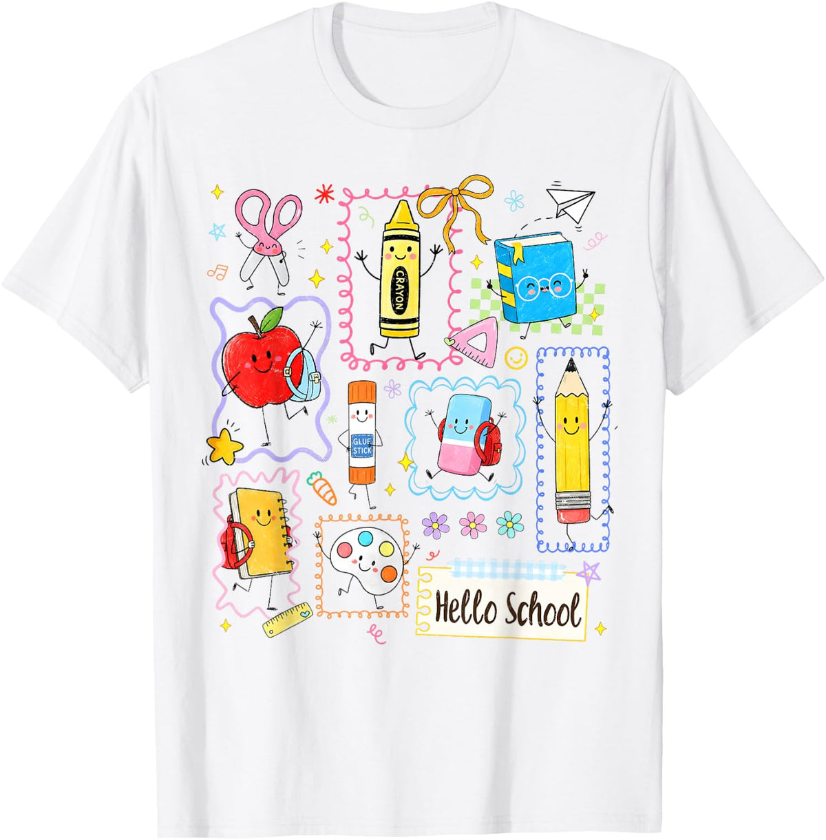 Back to School Hello School Cute Apple Crayon Boy Girl Kid T-Shirt