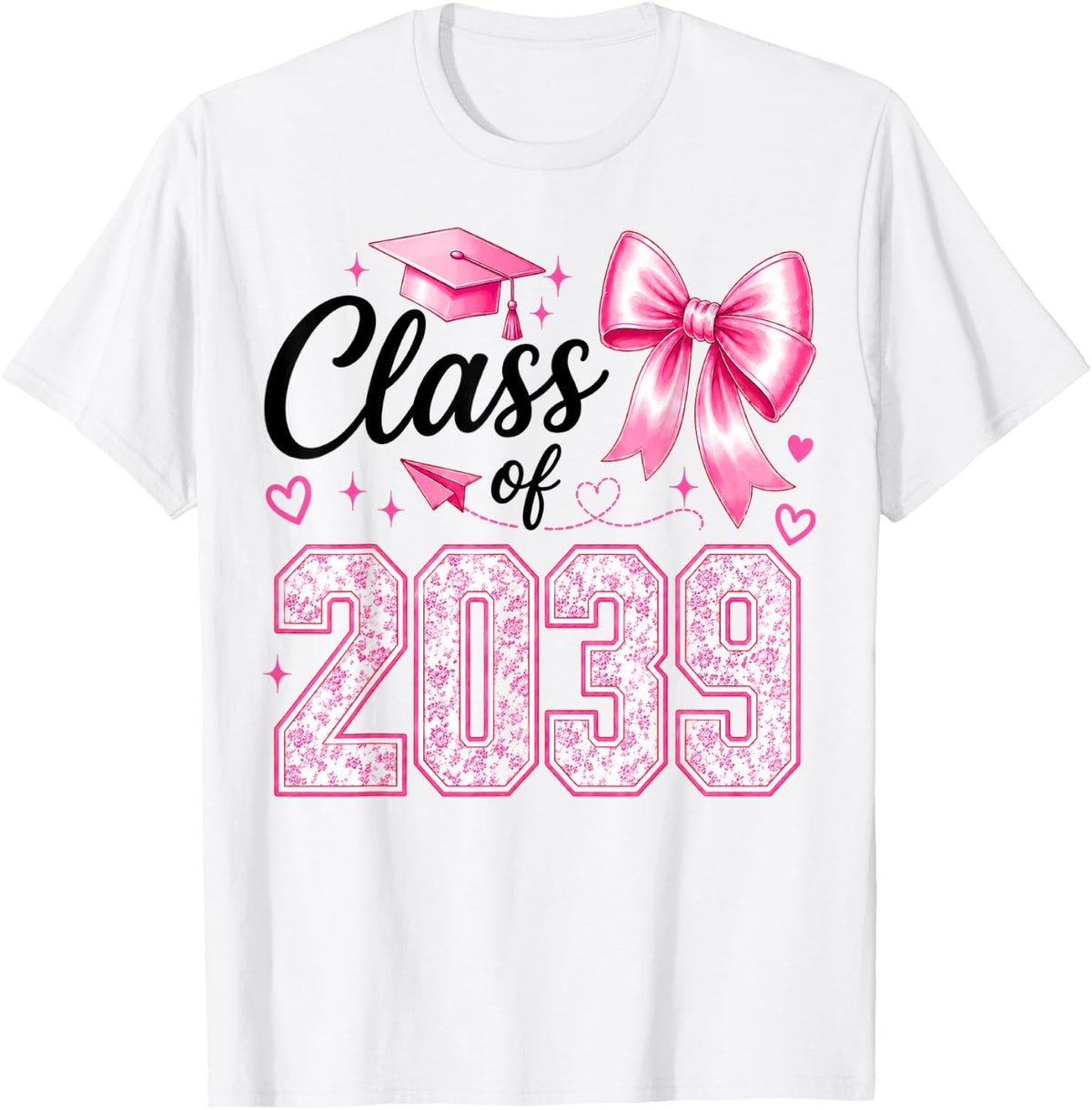 Class of 2039 Grow with Me Graduation Pink Coquette Bow Girl T-Shirt