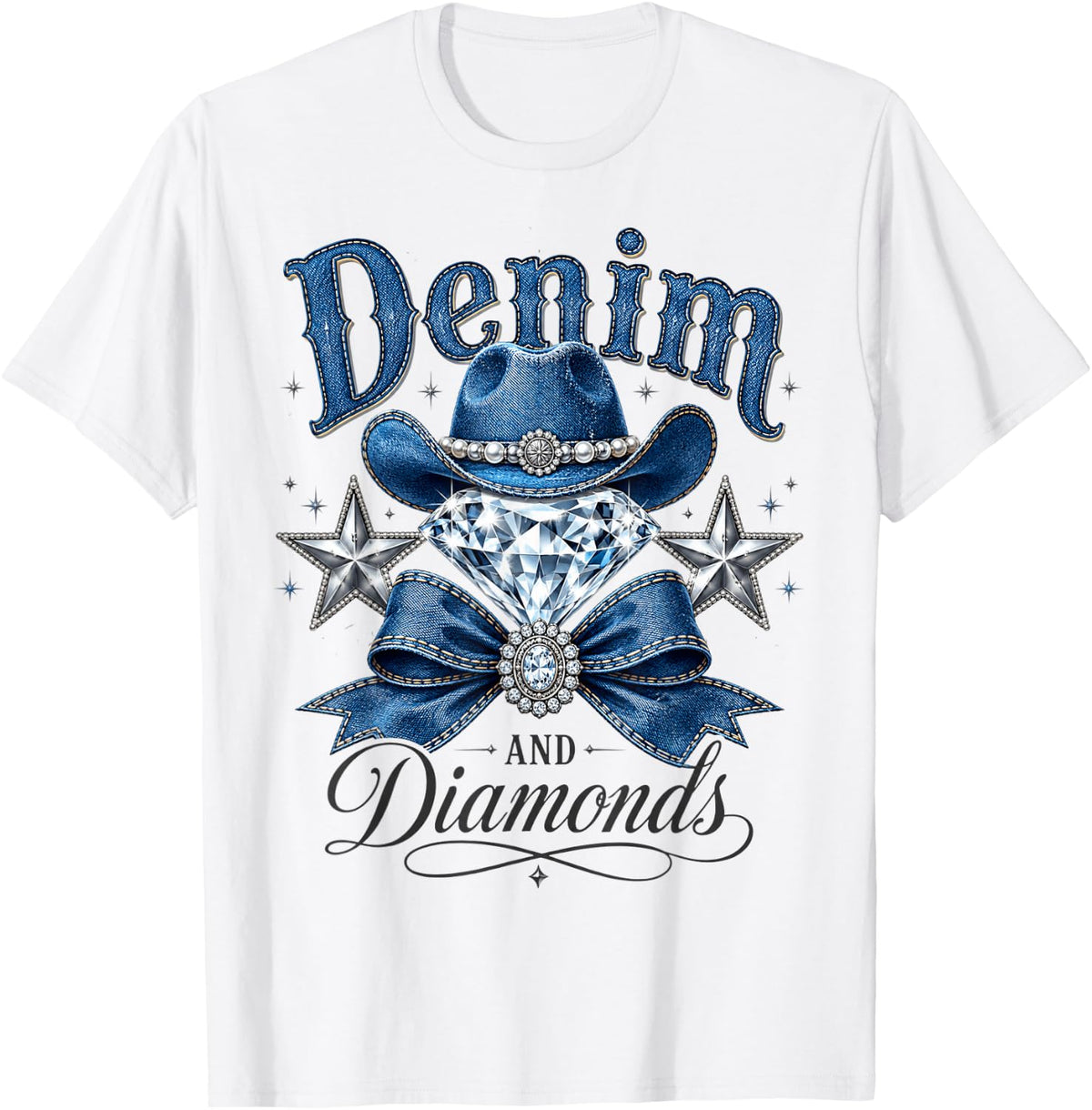 Denim and Diamonds Bow Western Cowgirl Ladies Girls Women T-Shirt