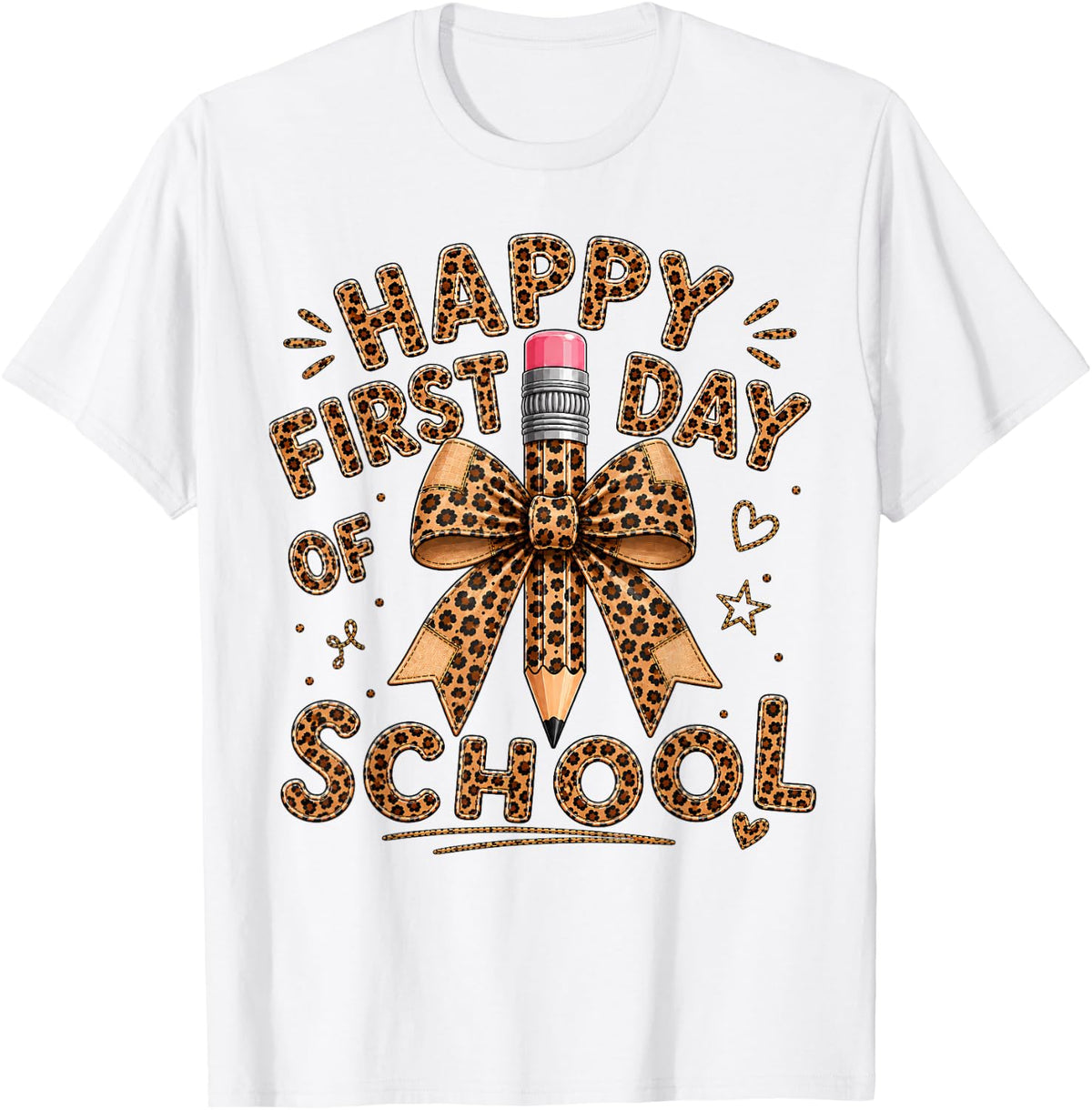 Happy First Day of School Girls Leopard Pencil Bow Coquette T-Shirt