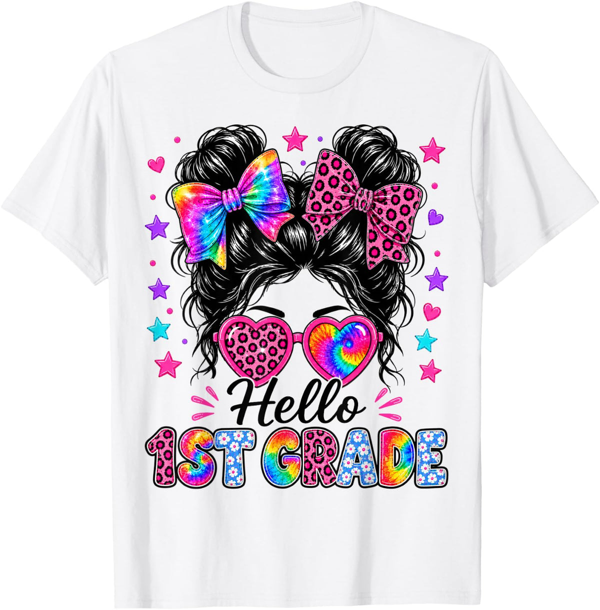 Hello 1st Grade Messy Bun First Day of School Girls Teacher T-Shirt