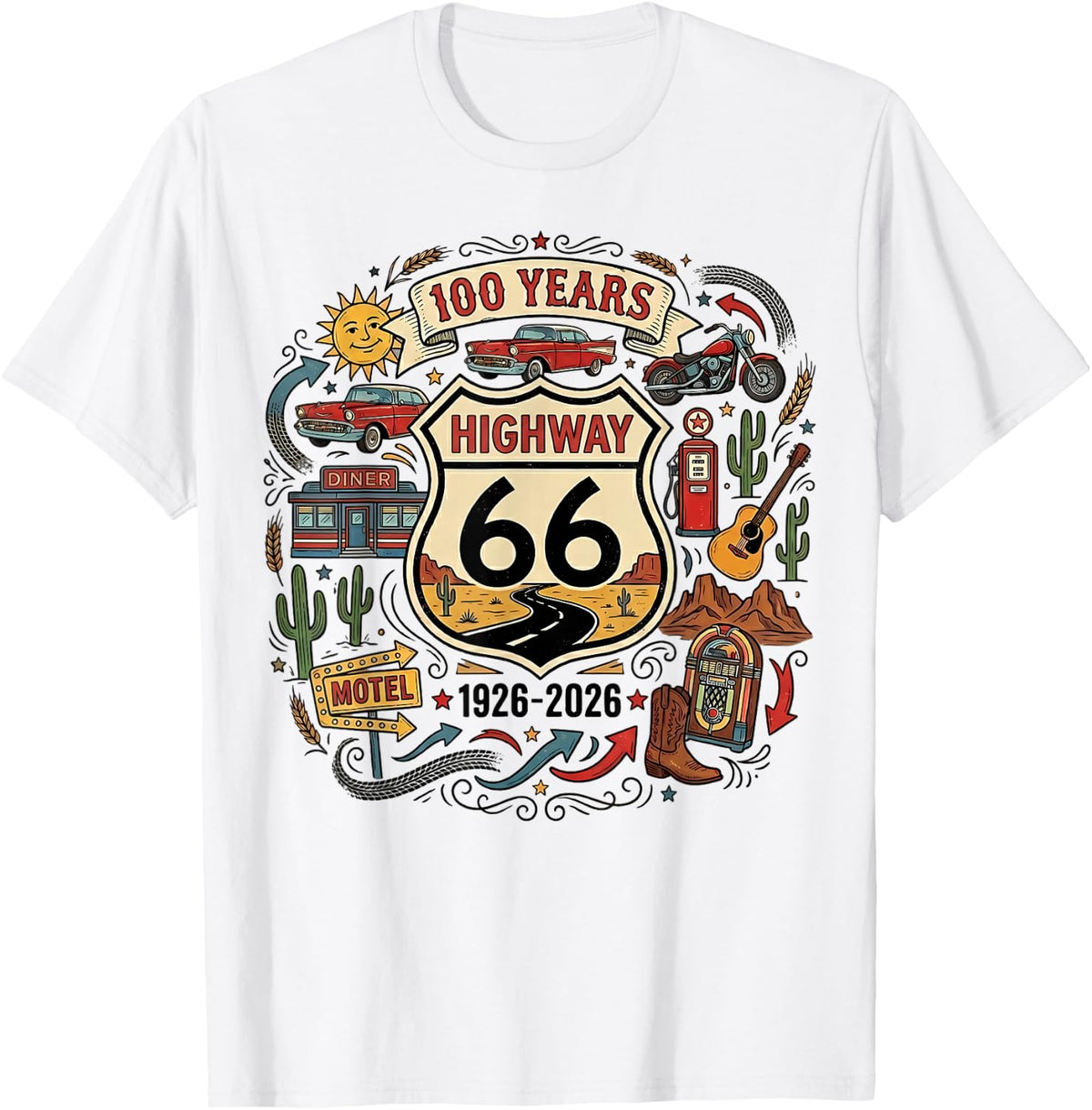 Highway 66 100 Years Centennial 1926-2026 Road Trip Vintage T-Shirt