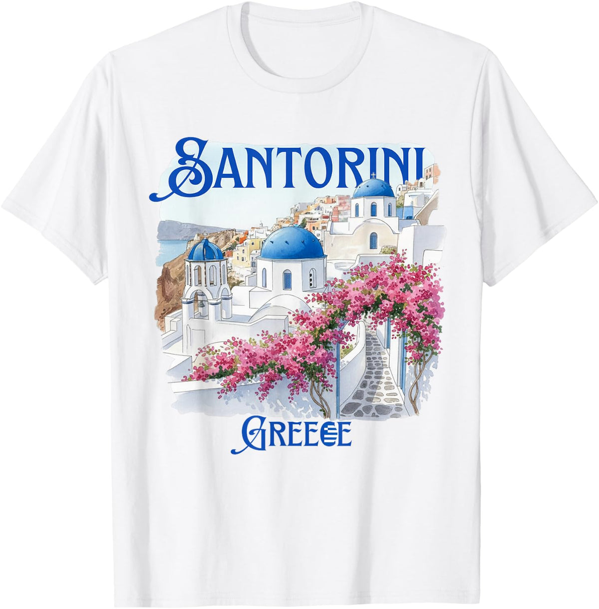 Santorini Greece Blue Domes Pink Flowers Souvenir T-Shirt
