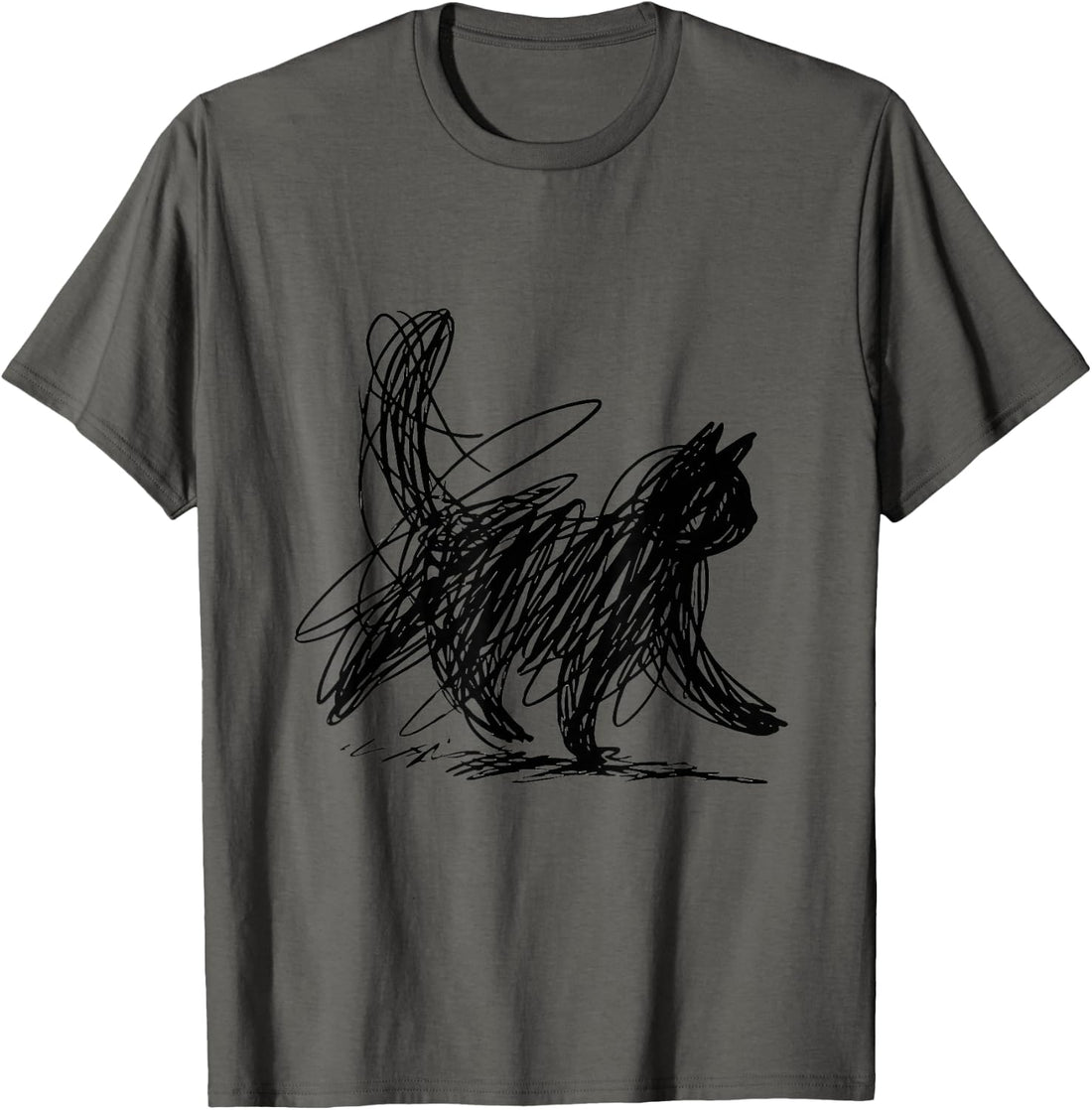 Abstract Scribble Black Cat Minimal Line Art Aesthetic T-Shirt