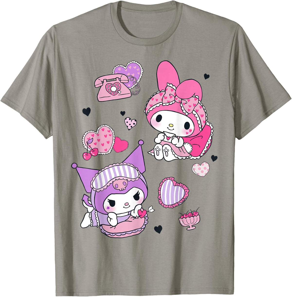 Hello Kitty My Melody and Kuromi Sleepover Fun Flying Hearts T-Shirt