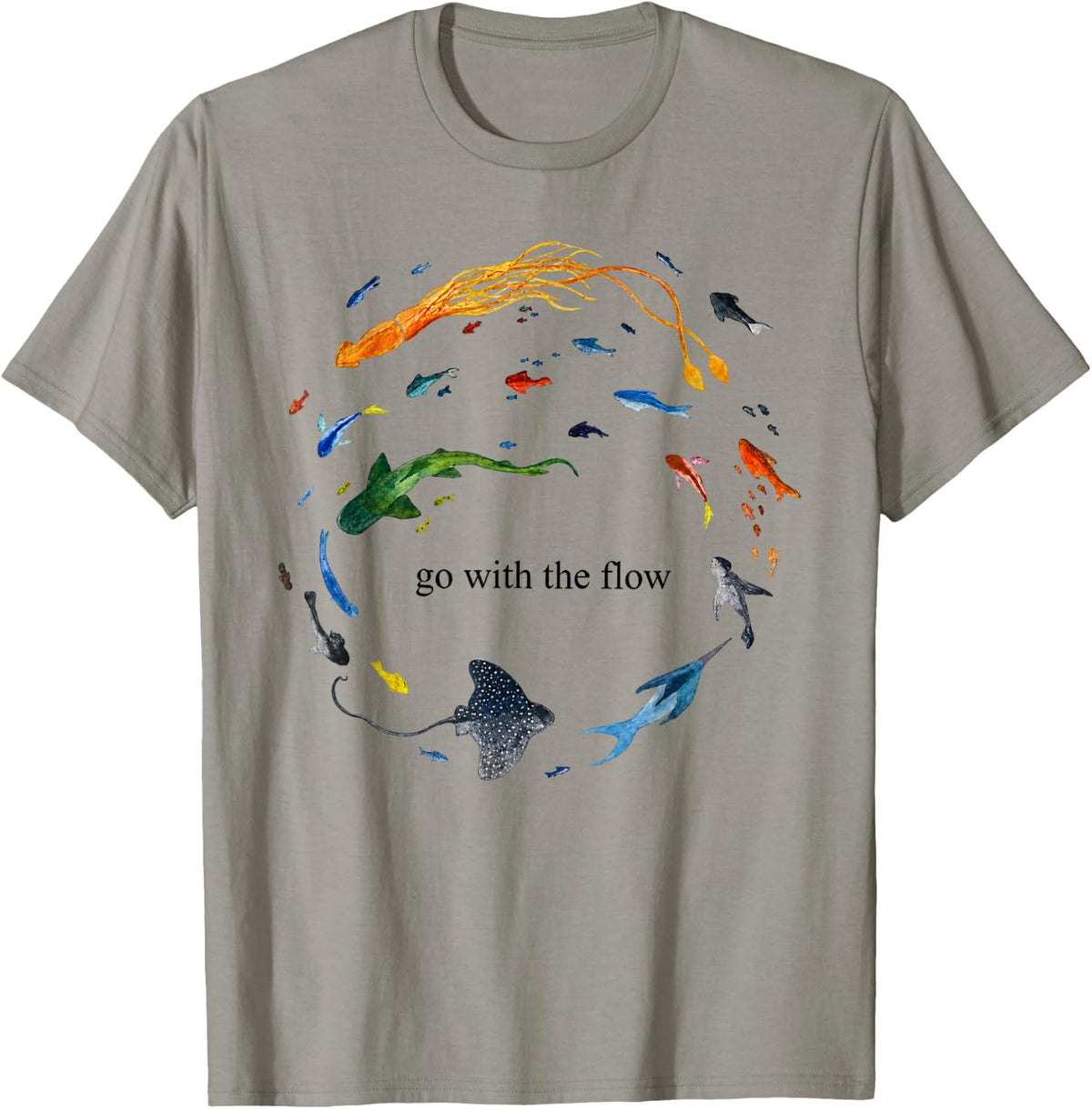 Go with The Flow Watercolor Ocean Animals Design T-Shirt