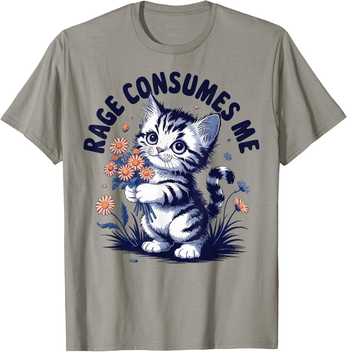 Rage Consumes Me T-Shirt - Men's Classic Fit Grey Crew Neck Short Sleeve Double Cuff Cartoon Pattern - Small