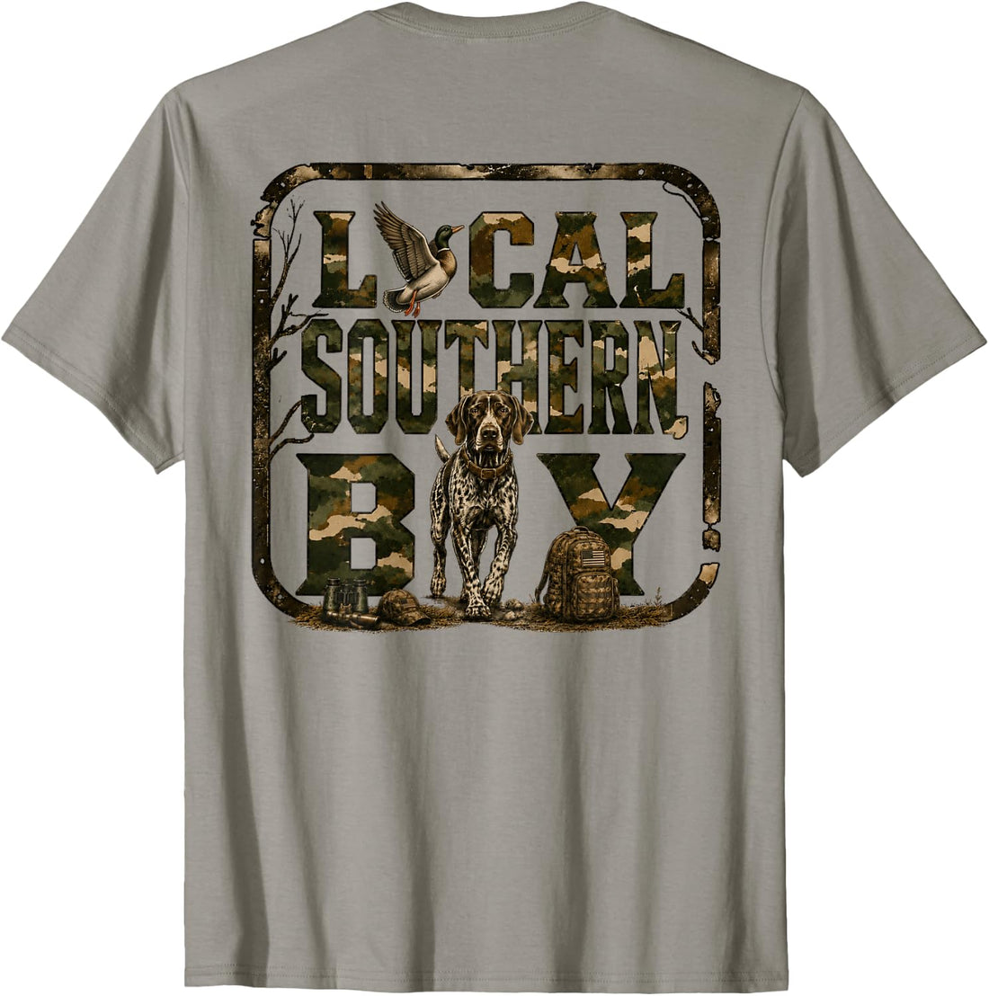 (On Back) Boy Local Camo Duck Hunting Camouflage USA Flag T-Shirt