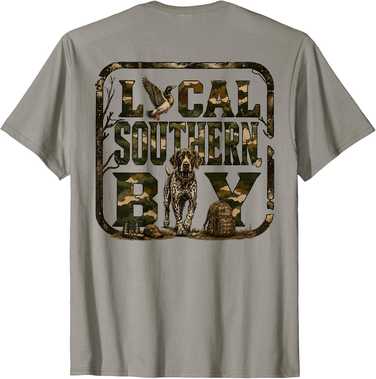 (On Back) Boy Local Camo Duck Hunting Camouflage USA Flag T-Shirt