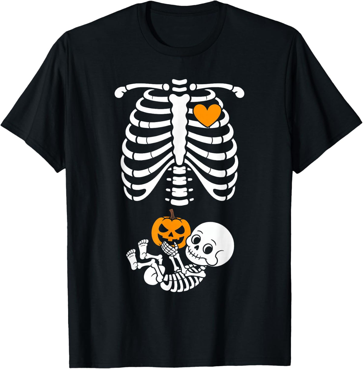 Halloween Skeleton Baby Rib Cage Maternity Pregnant Pumpkin T-Shirt