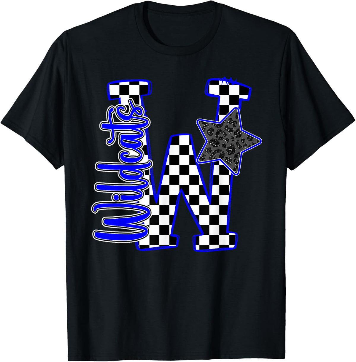 Blue Wildcats Checkered Print Star Leopard School Spirit T-Shirt