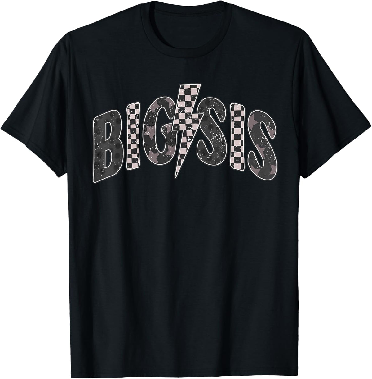Checkered Big Sis New Sister Announcement Lightning Bolt T-Shirt