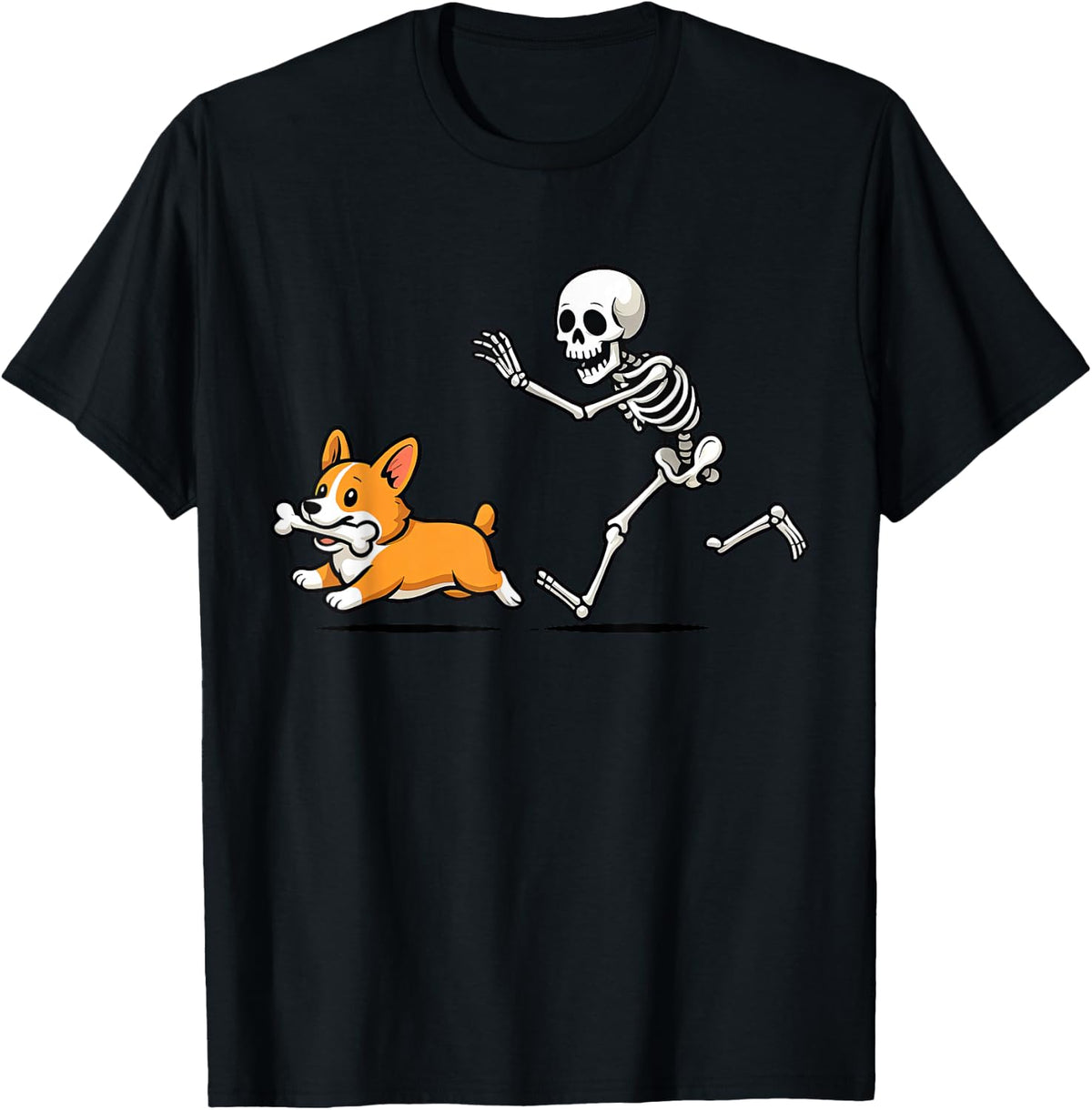 Funny Skeleton Chasing Corgi Halloween Dog Mom Pet Lover T-Shirt