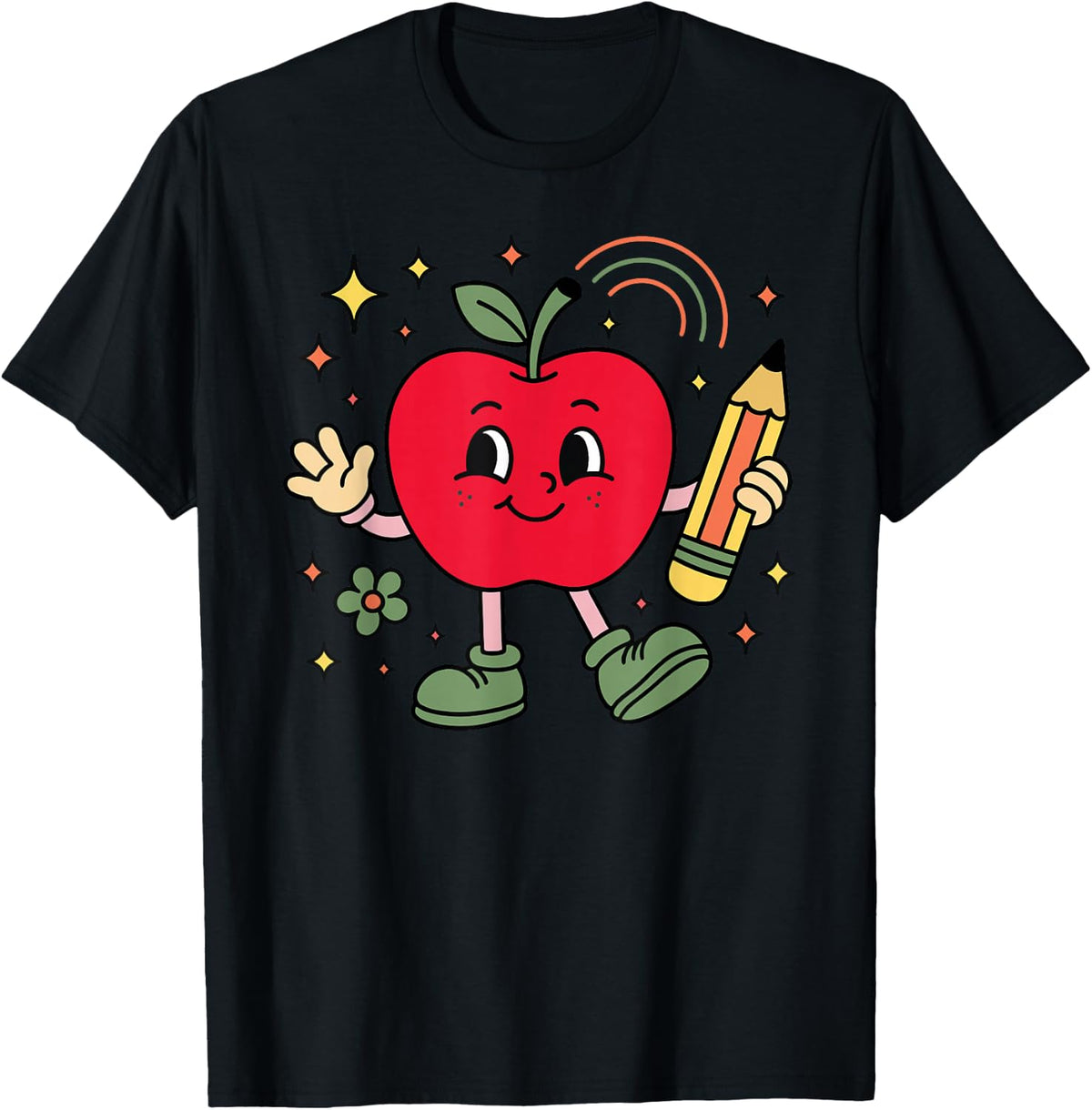 Retro School Apple with Face and Teacher’s Pencil T-Shirt