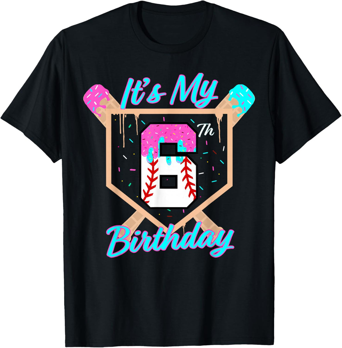 Baseball 6 Year Old Ice Cream Drip 6th Birthday Boy Number 6 T-Shirt