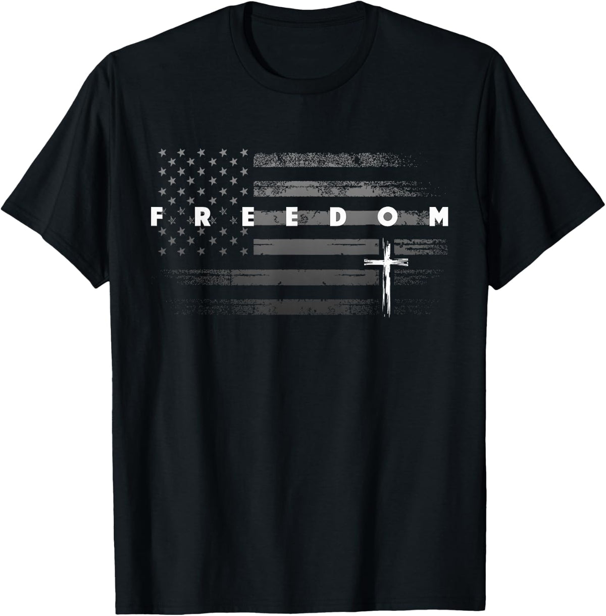 Grunge American Flag and Cross Faith Family Freedom T-Shirt