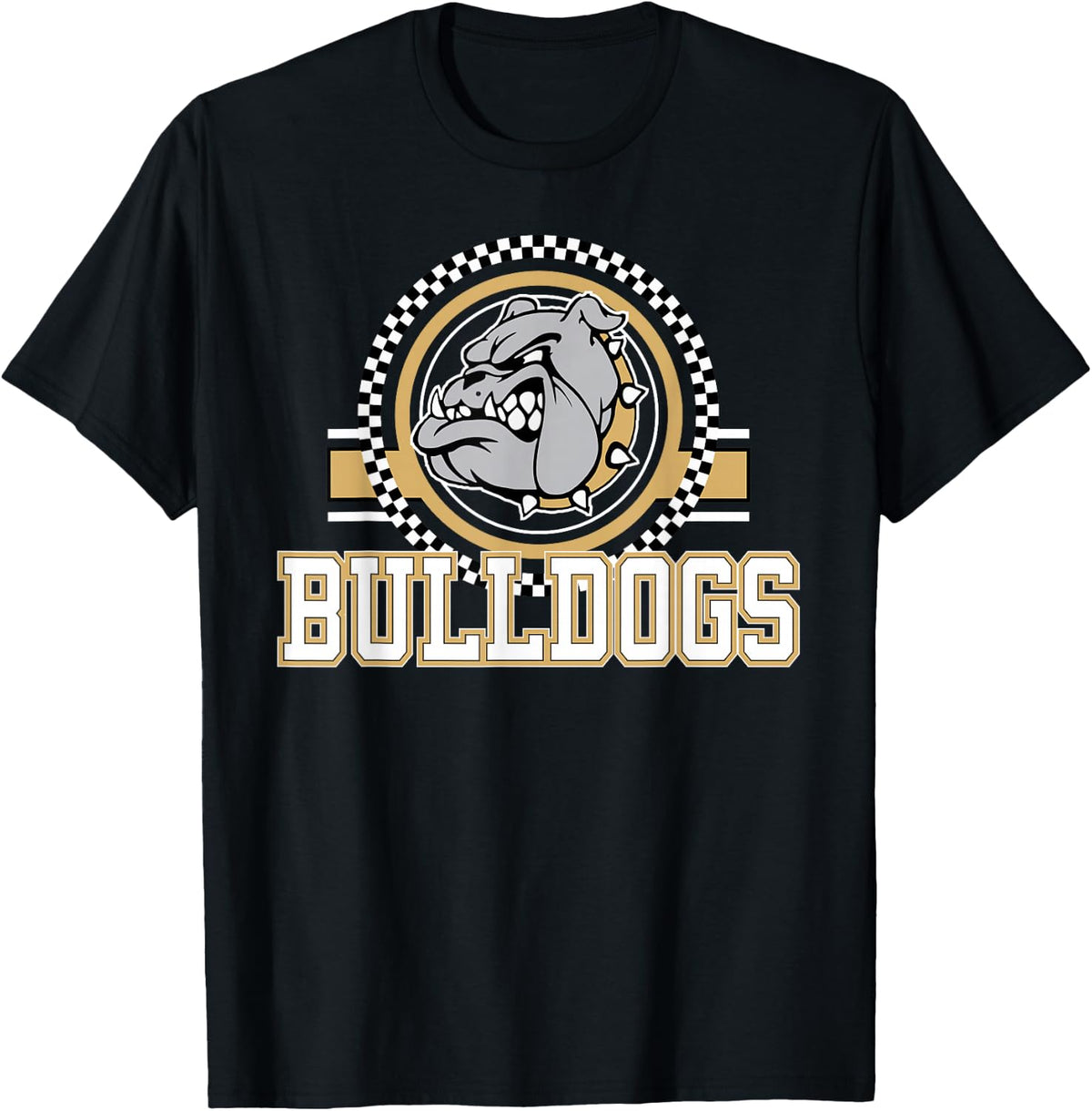 Bulldogs Checkered Print Logo Gold Bulldog Mascot School T-Shirt