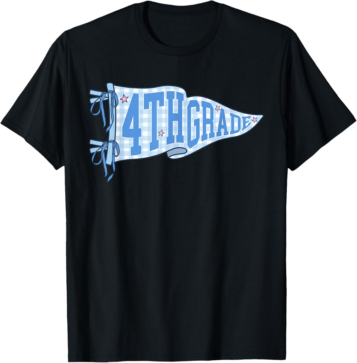 Blue Gingham Pennant Flag First Day of 4th Grade for Teacher T-Shirt