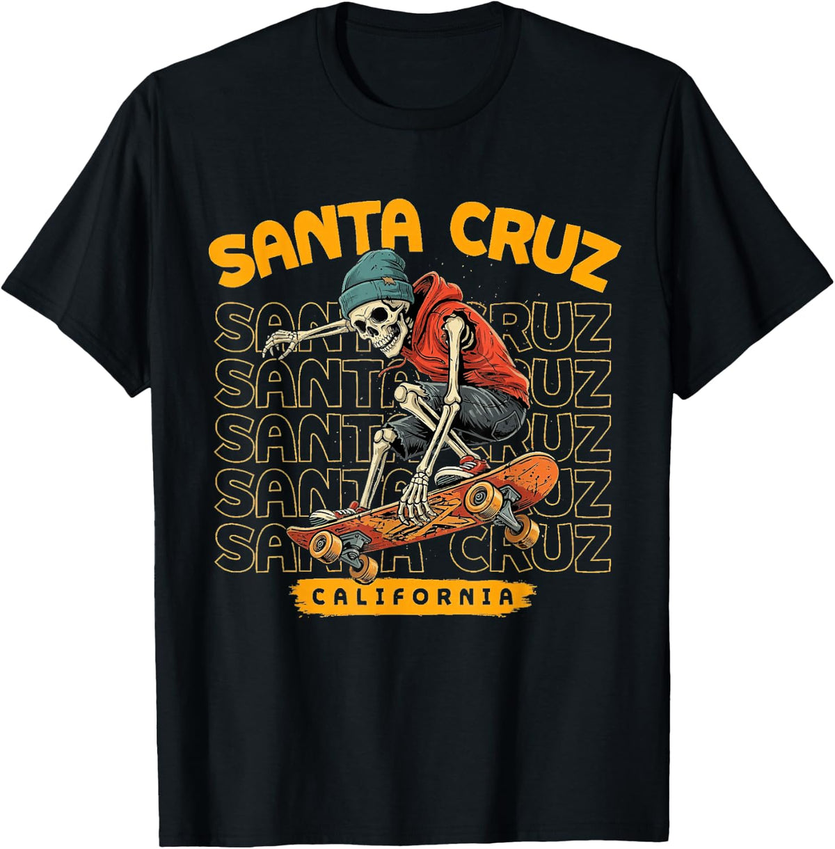 Skeleton Skater Santa Cruz Old School Retro Skateboard Beach T-Shirt