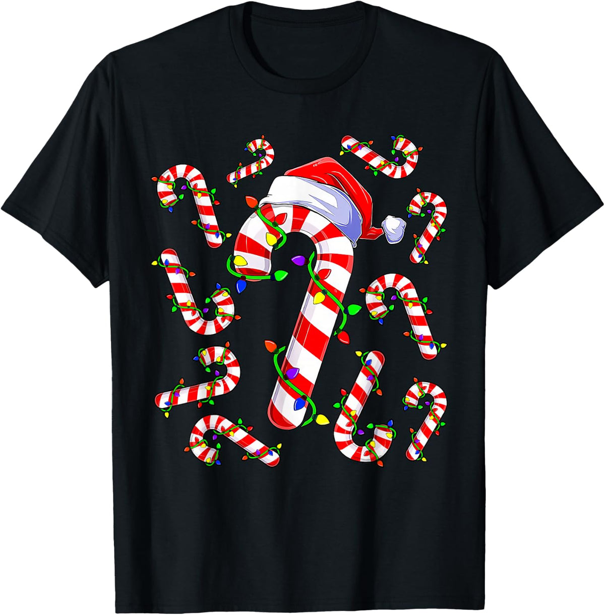 Red and White Christmas Candy Cane Santa Lights Christmas T-Shirt