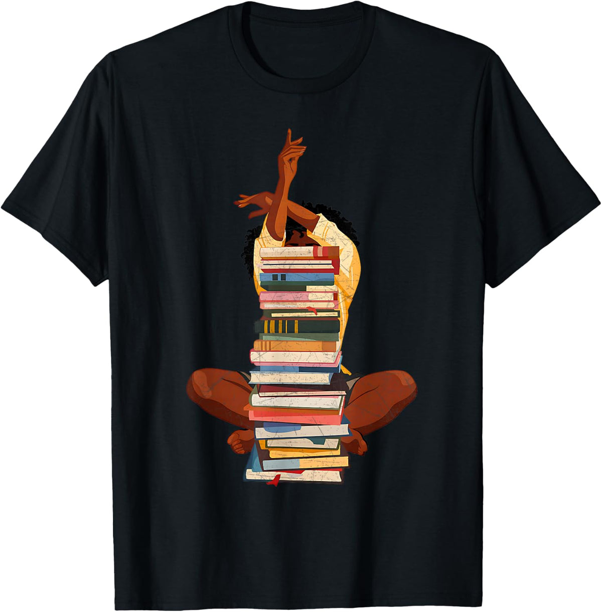 Black Woman and Books Stack Afro Girl Book Lover T-Shirt