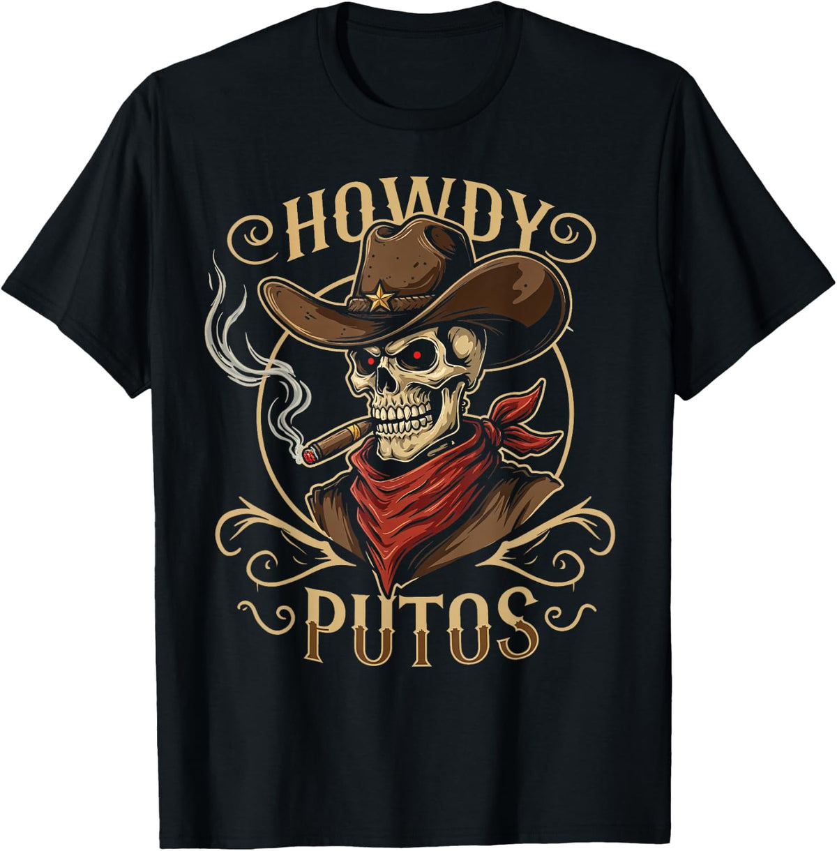 Funny Skull Howdy Putos Spanish Slang, Western Cowboy Skull T-Shirt