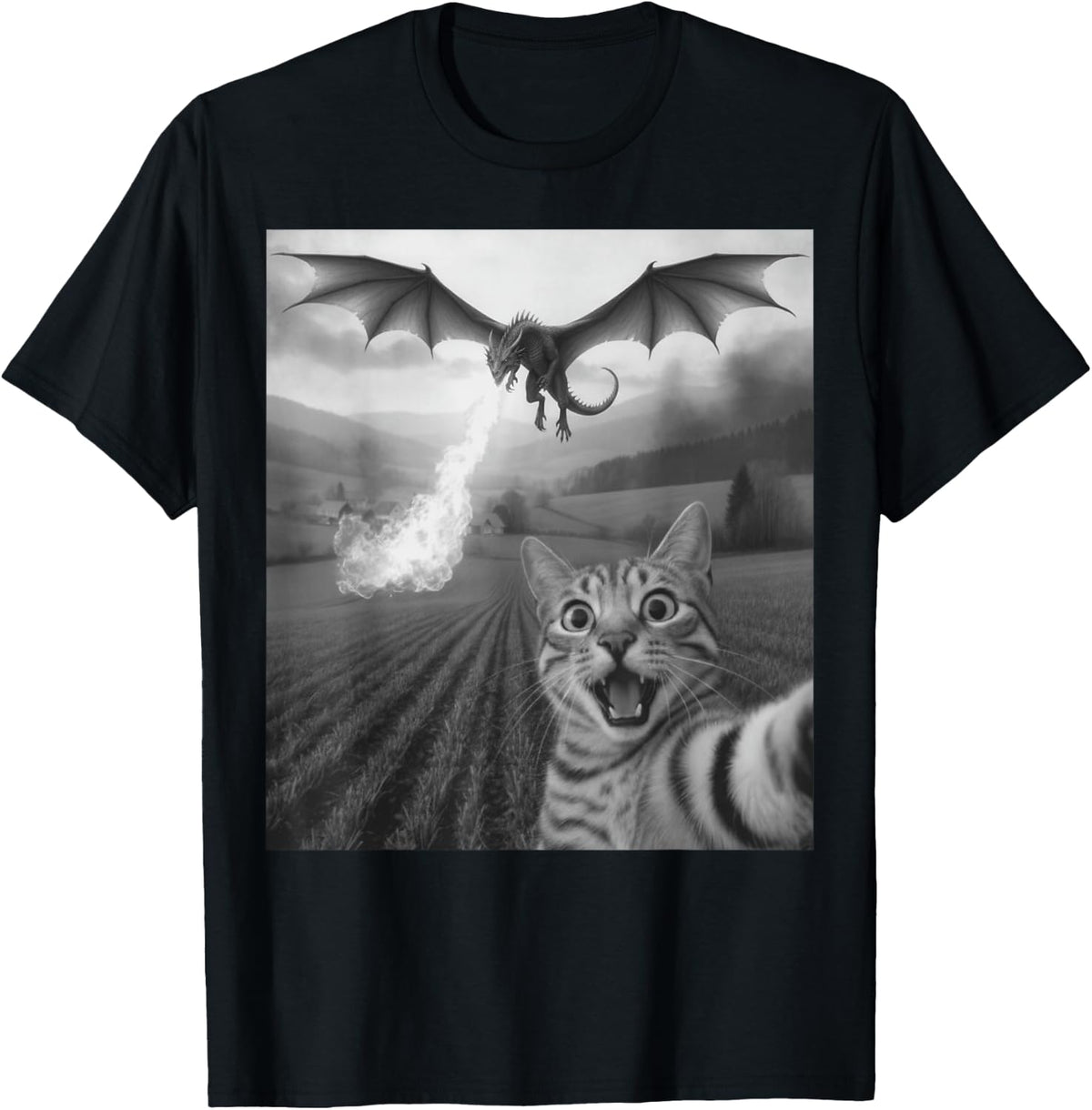 Funny Cat Selfie with Dragon Kawaii Fantasy Creature Art T-Shirt