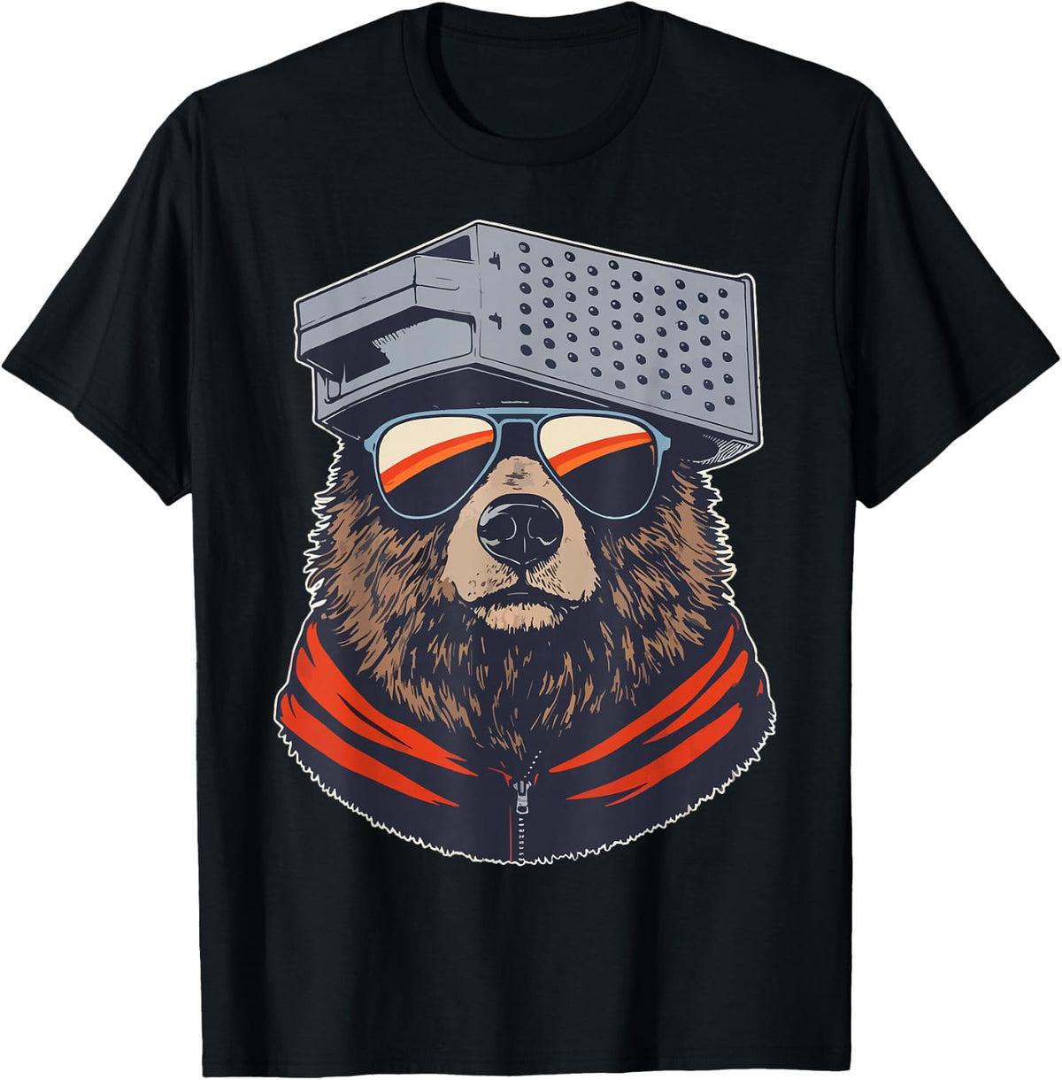 Retro Bear with Cheese Grater Hat and Sunglasses Sunse Funny T-Shirt