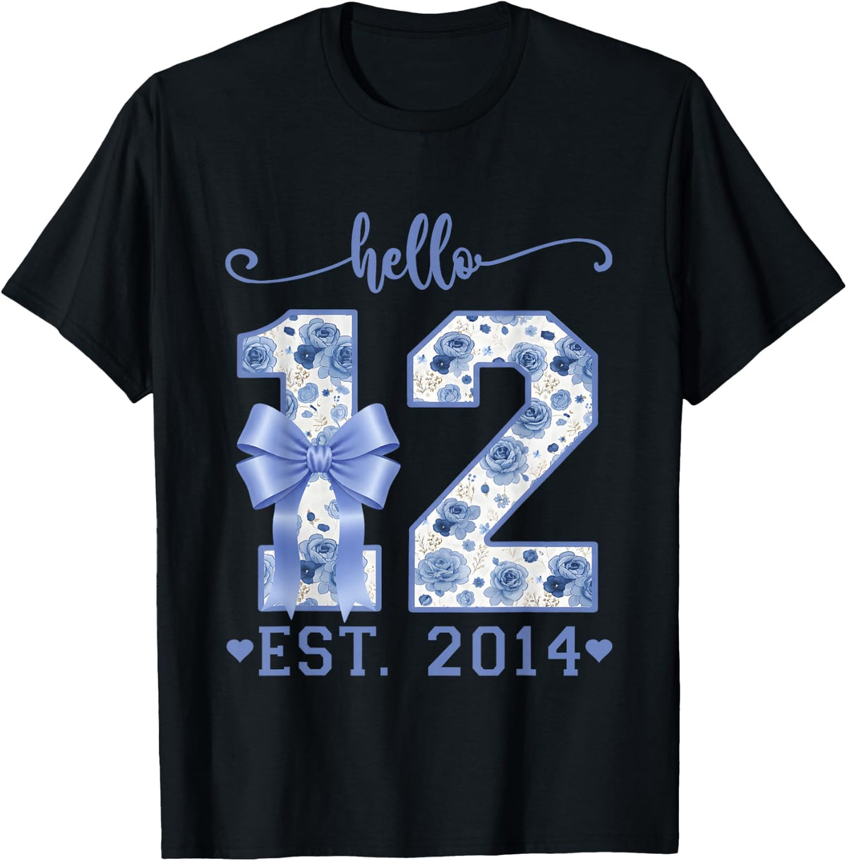 Hello 12 Est 2014 Blue Coquette Bow 12th Birthday Girl T-Shirt
