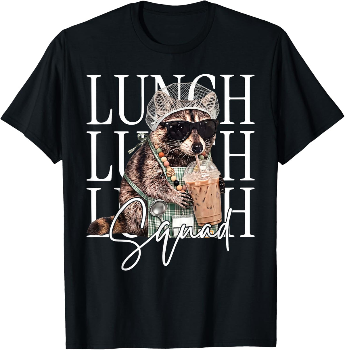 Lunch Squad Raccoon Coffee Lunch Lady Cafeteria Worker Crew T-Shirt