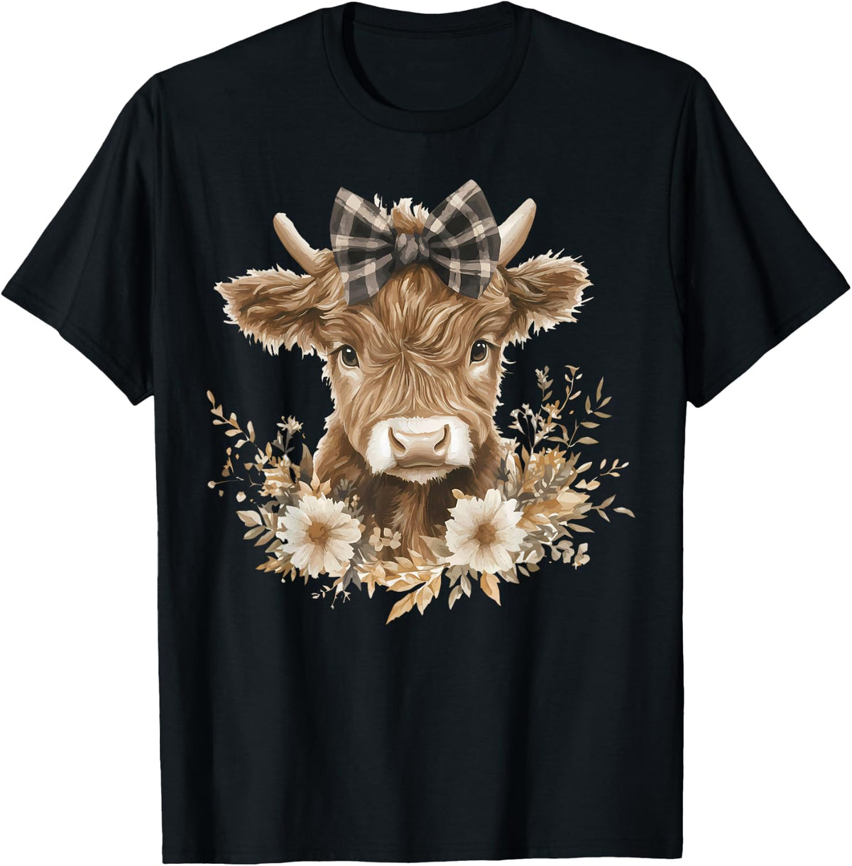 Highland Cow with Bow Flowers Cute Floral Cow Girls Women T-Shirt