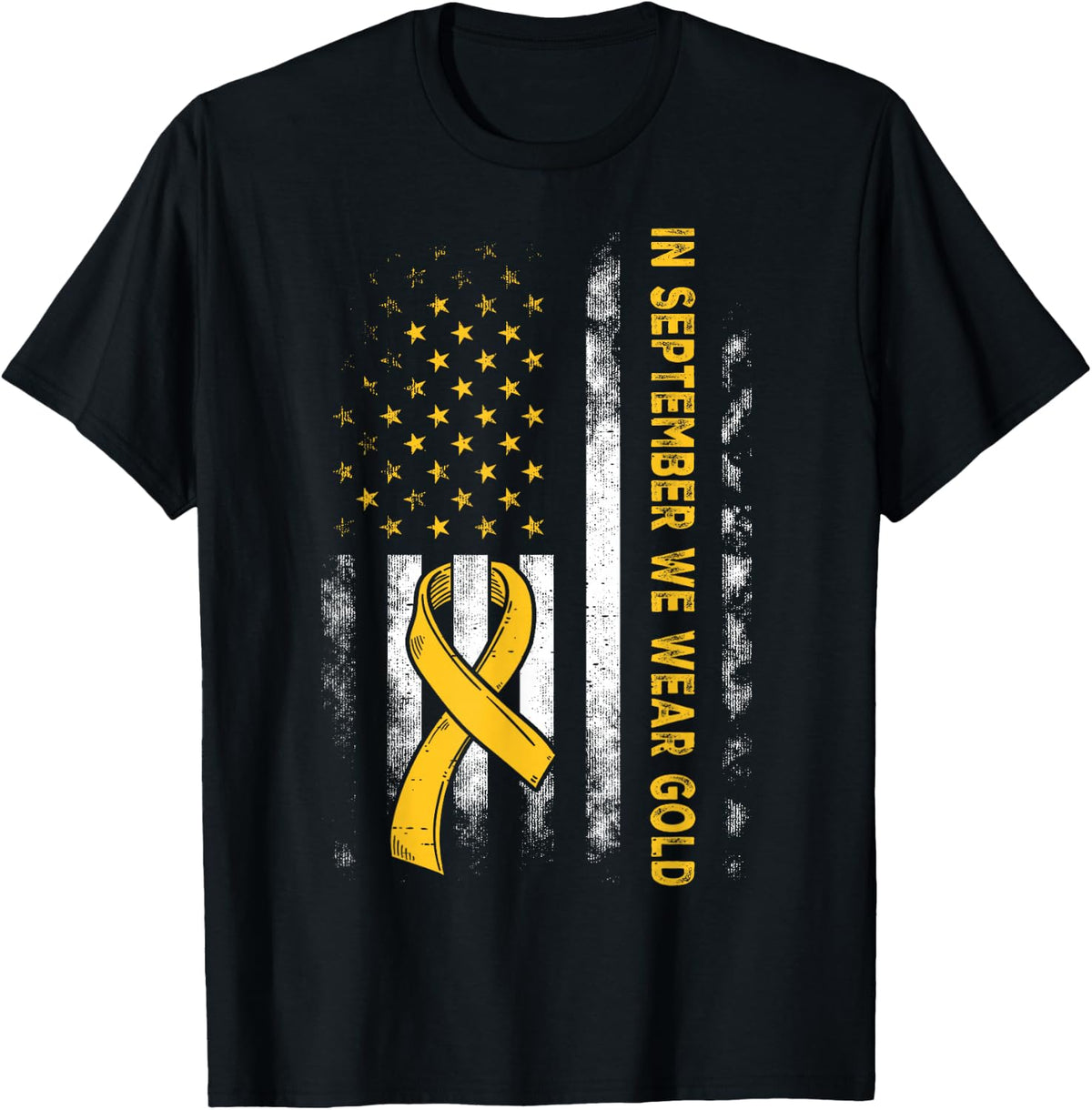 in September we wear Gold US Flag Childhood Cancer Awareness T-Shirt
