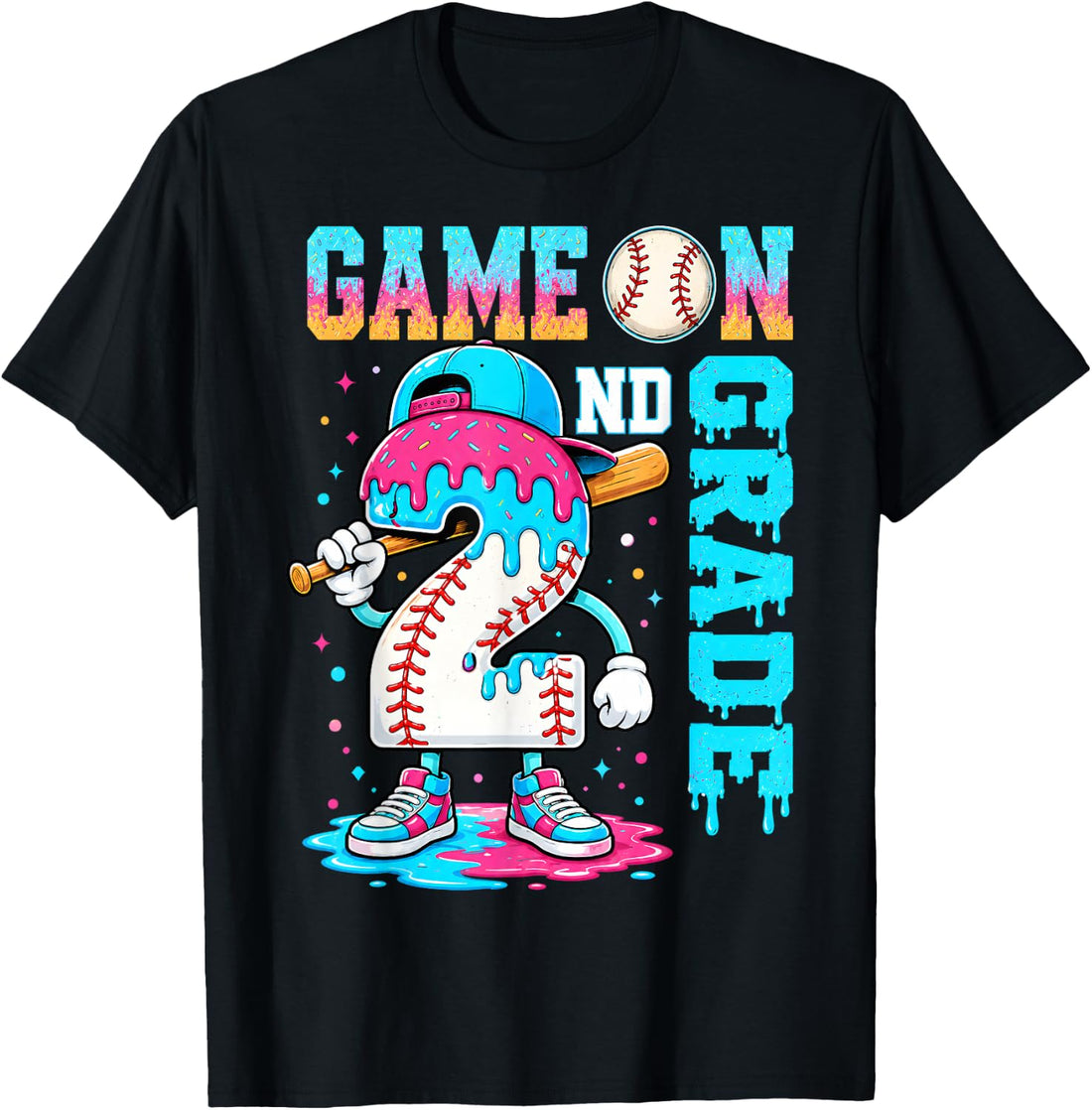 2nd Grade Back to School Boy Baseball Drip Ice Cream Game On T-Shirt