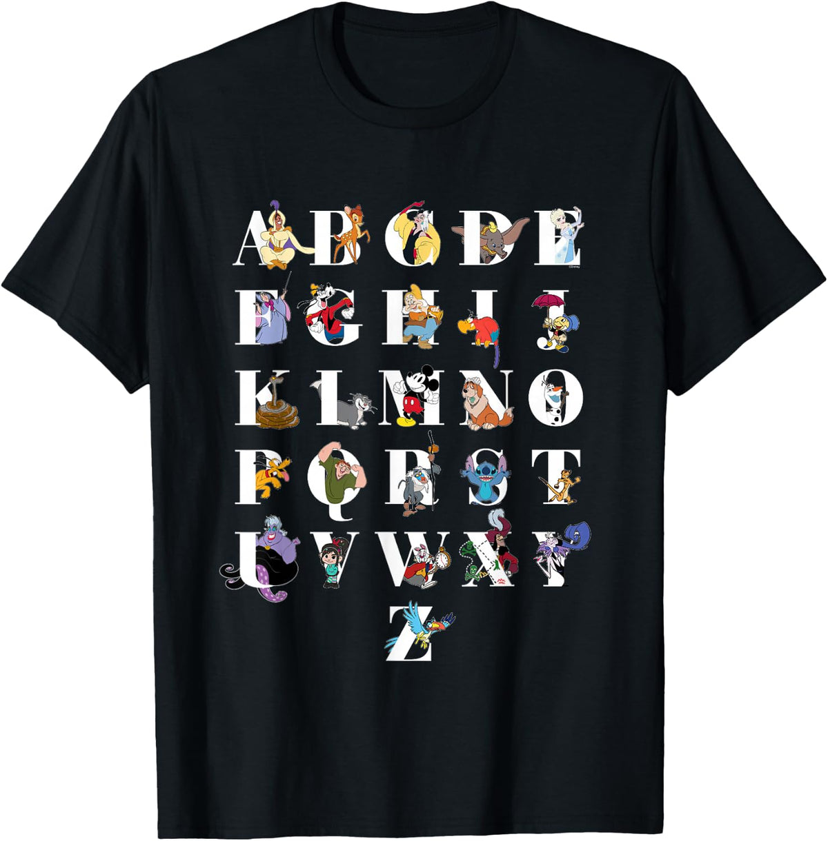 Disney Animated Characters Alphabet ABC to Z Back to School T-Shirt