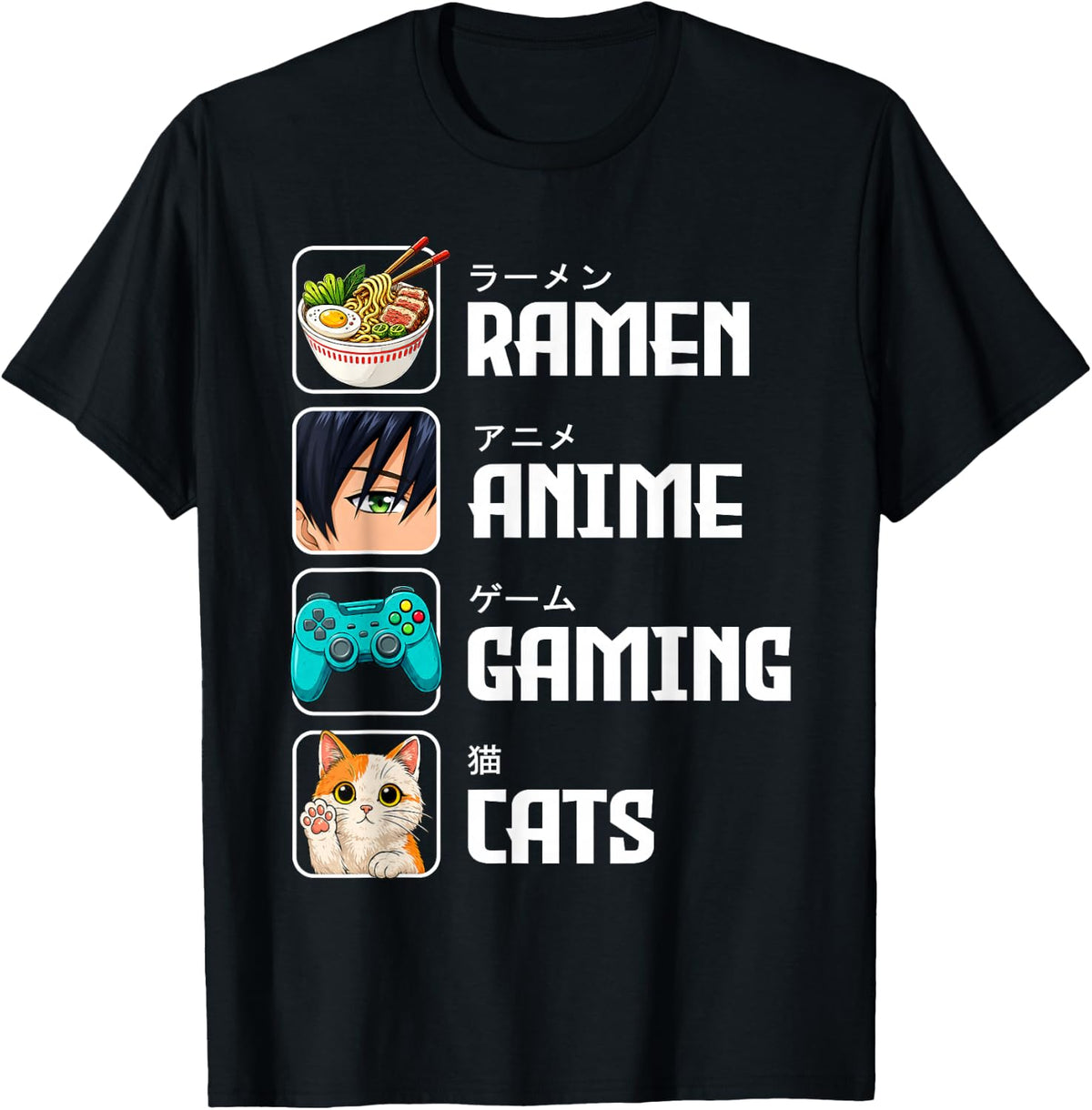 Ramen Anime Gaming Cats Japanese Graphic Kawaii Otaku Gamer T-Shirt