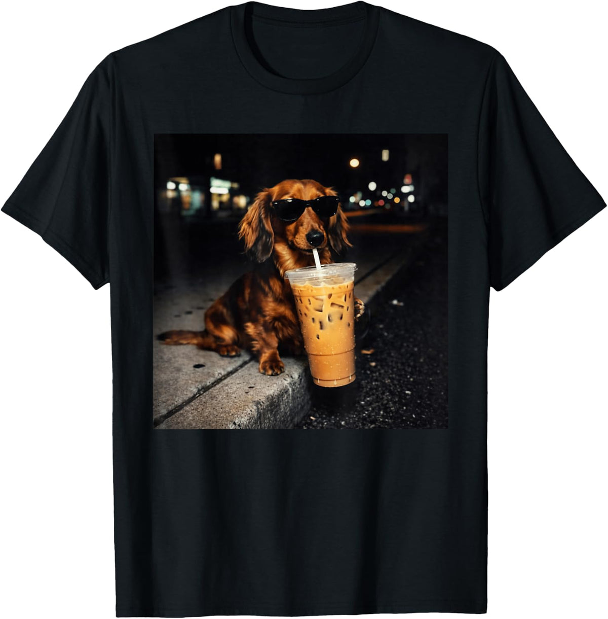 Funny Dachshund Drinking Iced Coffee T Shirts for Men and Women Cute Dog Meme Tees